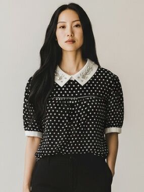 Faith and joy polka dot blouse, beaded,  collar s/s top, girly, cutouts, size L